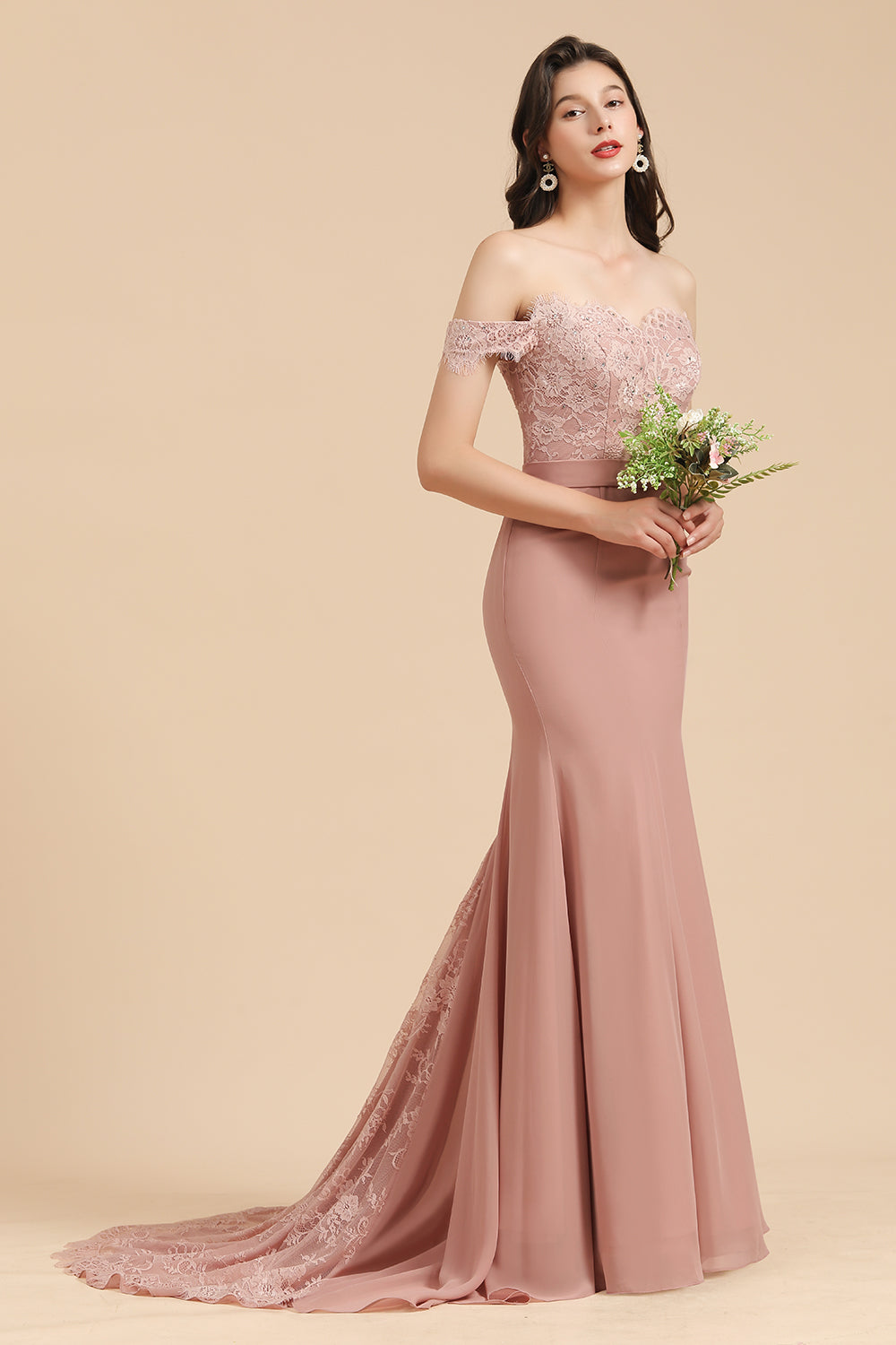 Dusty Rose Off-the-Shoulder Lace Bridesmaid Dresses