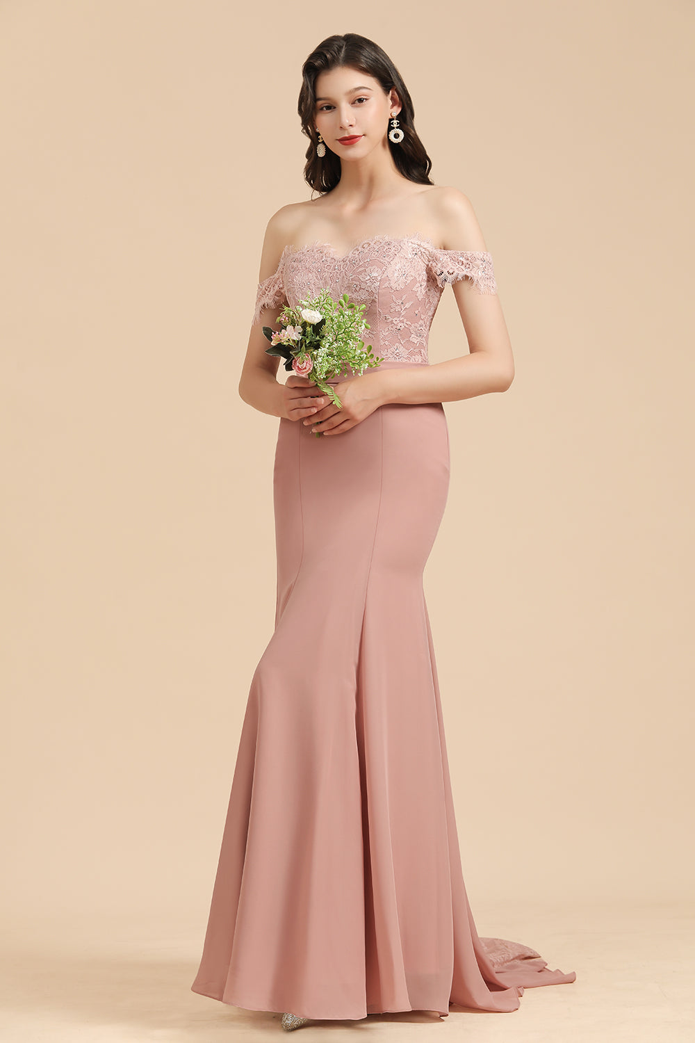 Dusty Rose Off-the-Shoulder Lace Bridesmaid Dresses