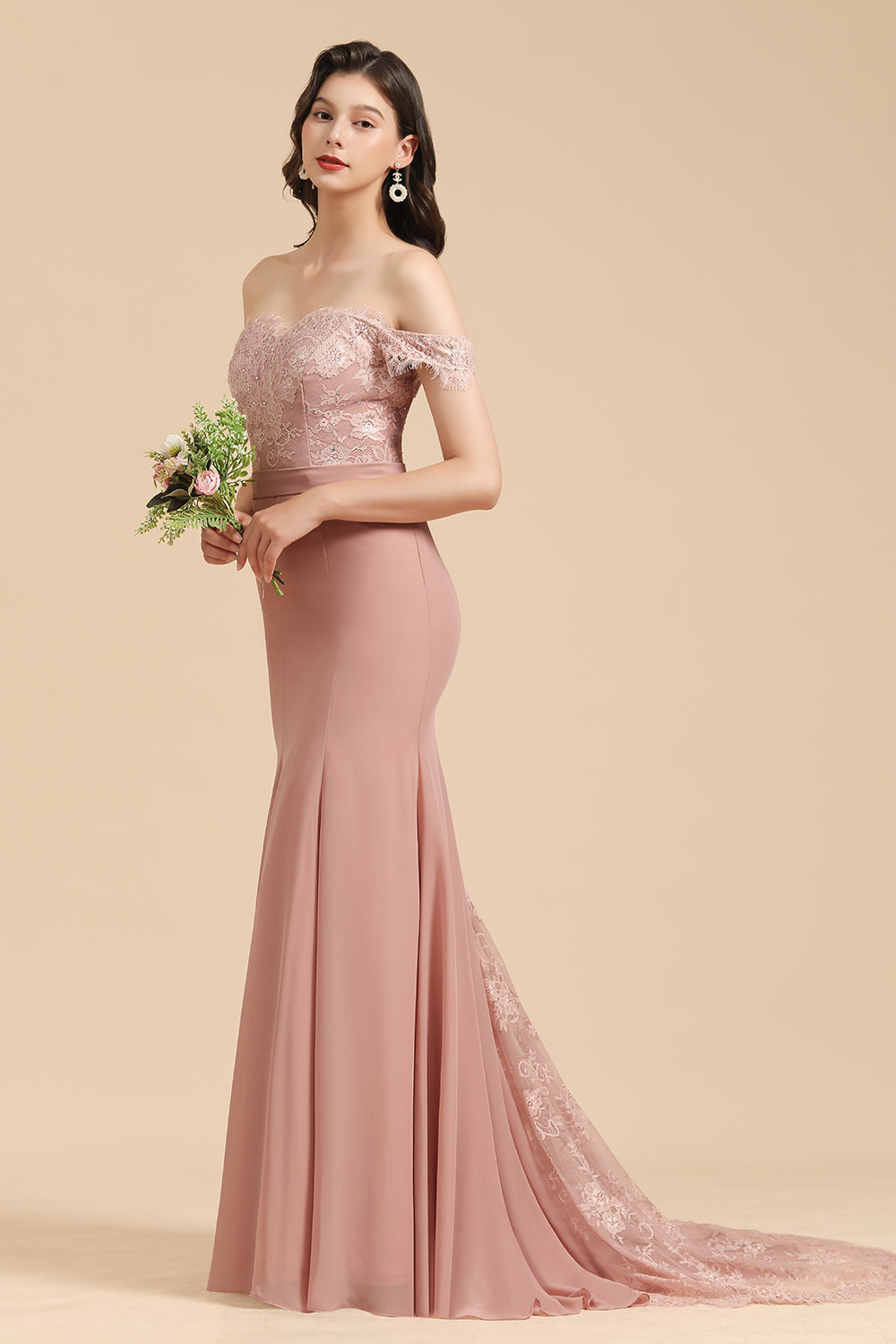 Dusty Rose Off-the-Shoulder Lace Bridesmaid Dresses