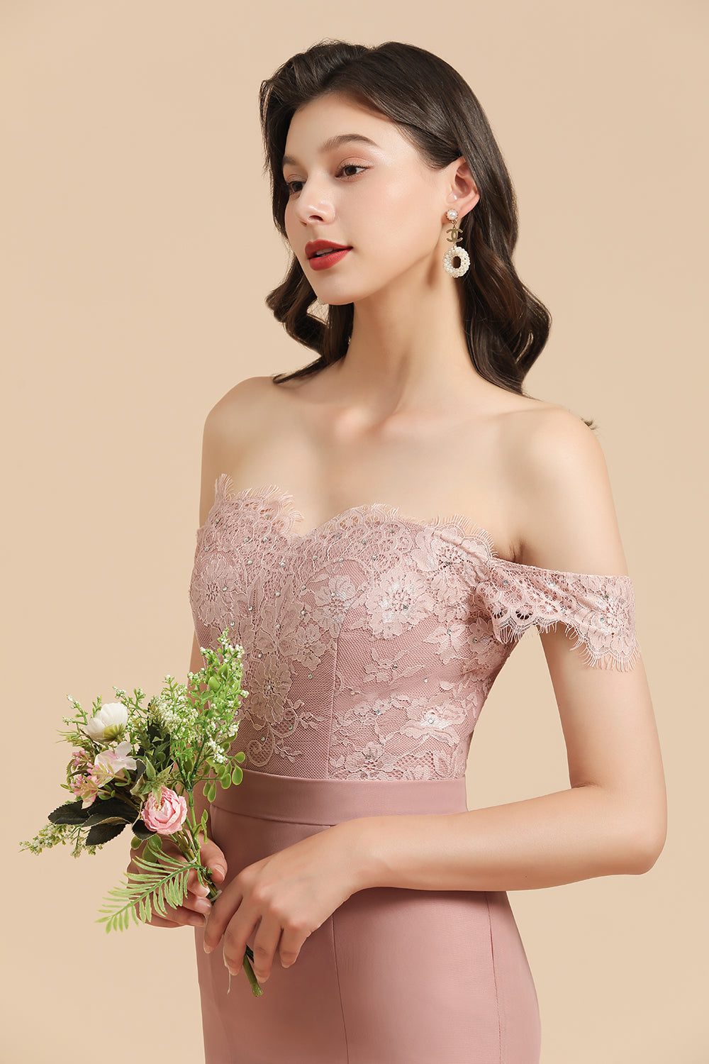 Dusty Rose Off-the-Shoulder Lace Bridesmaid Dresses