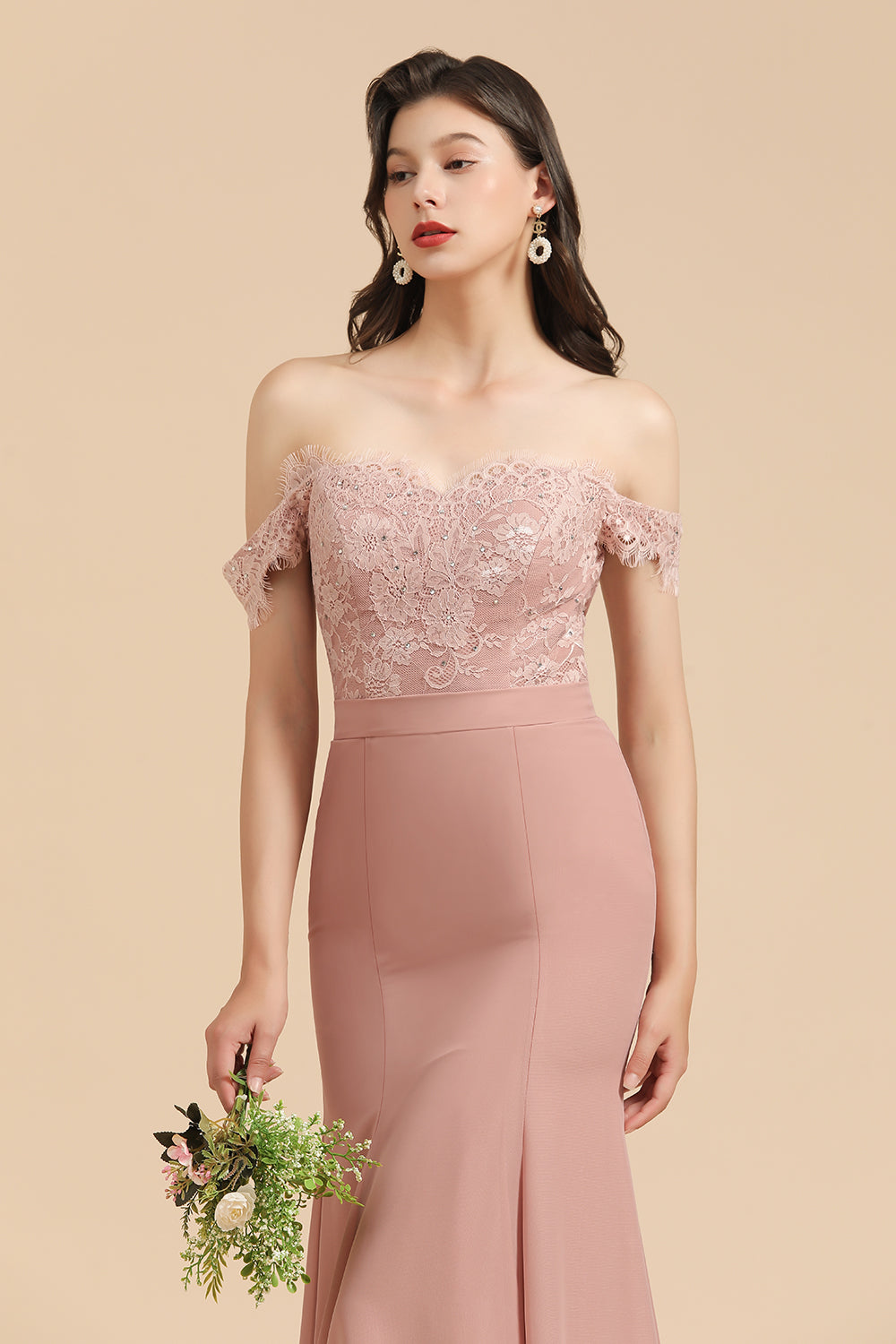 Dusty Rose Off-the-Shoulder Lace Bridesmaid Dresses