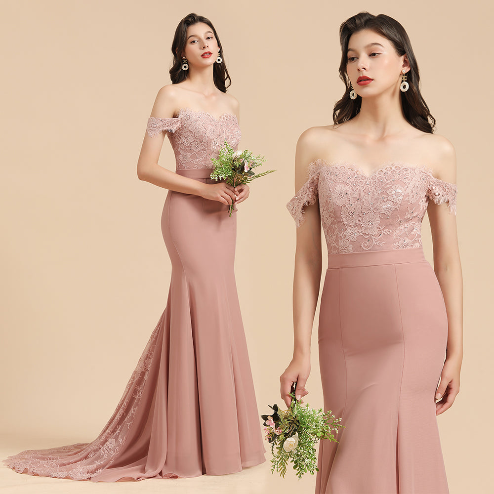 Dusty Rose Off-the-Shoulder Lace Bridesmaid Dresses