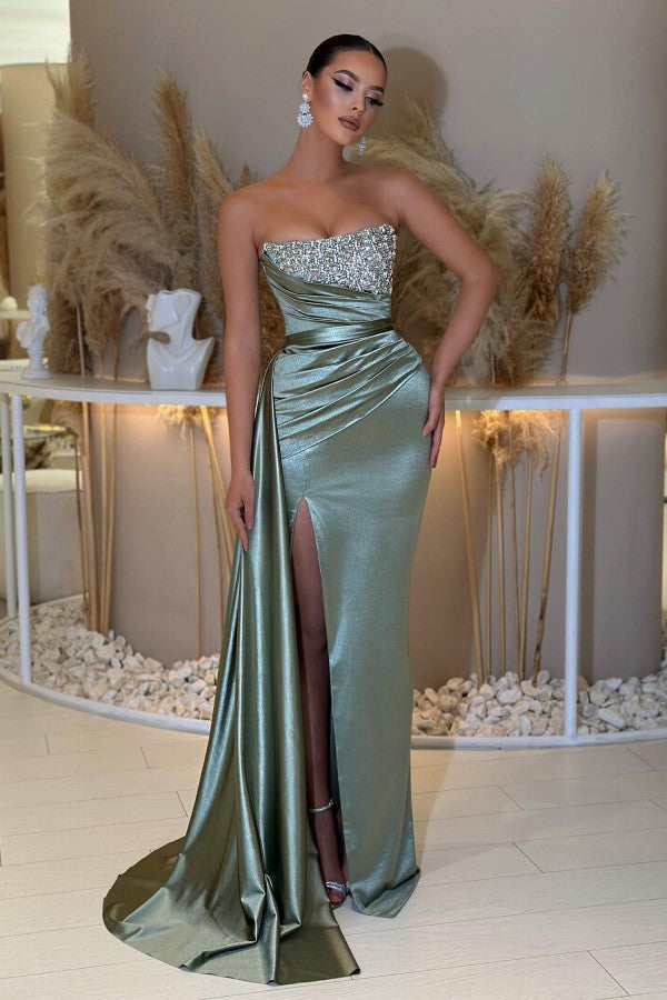 Dusty Sage Sweetheart Prom Dress Mermaid Slit Long With Beads