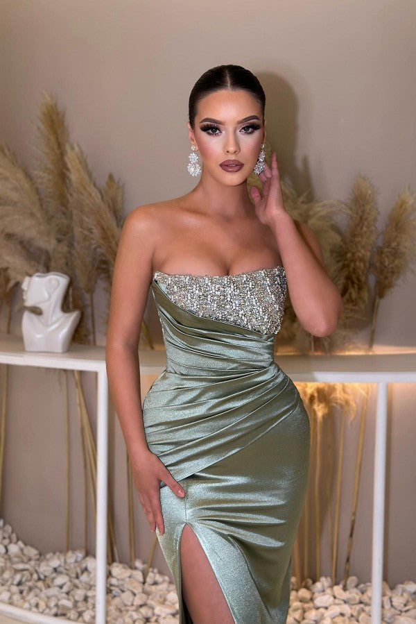 Dusty Sage Sweetheart Prom Dress Mermaid Slit Long With Beads