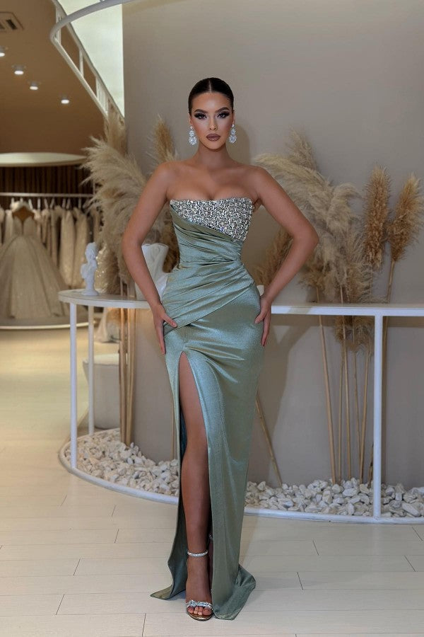 Dusty Sage Sweetheart Prom Dress Mermaid Slit Long With Beads