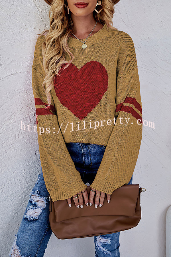 Contrast Color Round Neck Pullover Love Heart Knitted Long Sleeved Sweater