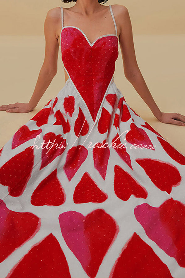 Full of Love Heart Shape Print Cutout Spaghetti Strap Backless Maxi Dress