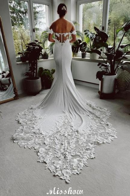 Classy Long White Mermaid Off-the-Shoulder Graceful Lace Wedding Dress with Train