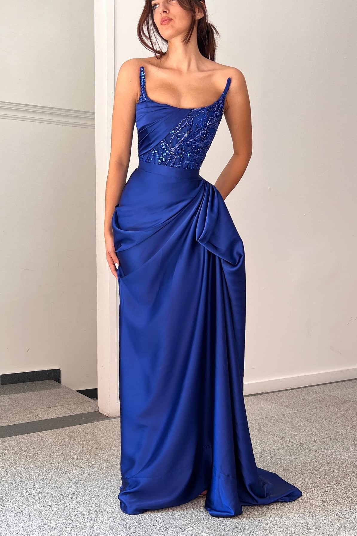 Graceful A-line Ruffled Sleeveless Square Satin Ocean Blue Prom Dress