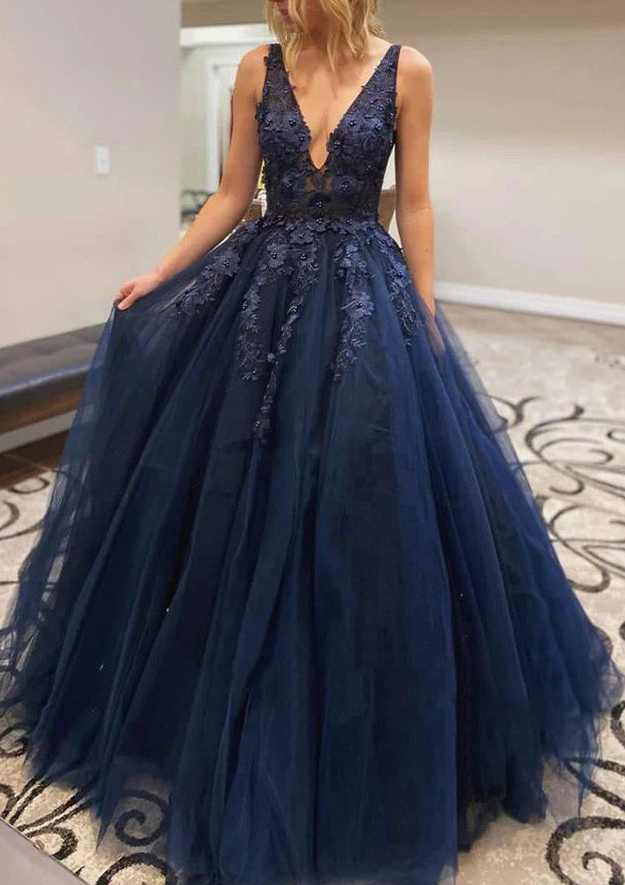 Elegant A-Line V-Neck Laced Tulle Prom Dress/Evening Dress with Applique