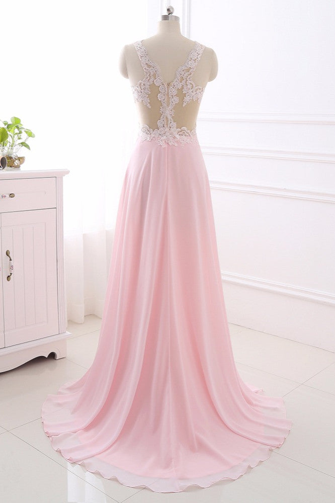 Elegant A-Line V-Neck Pink Chiffon Prom Dresses with Ruffles