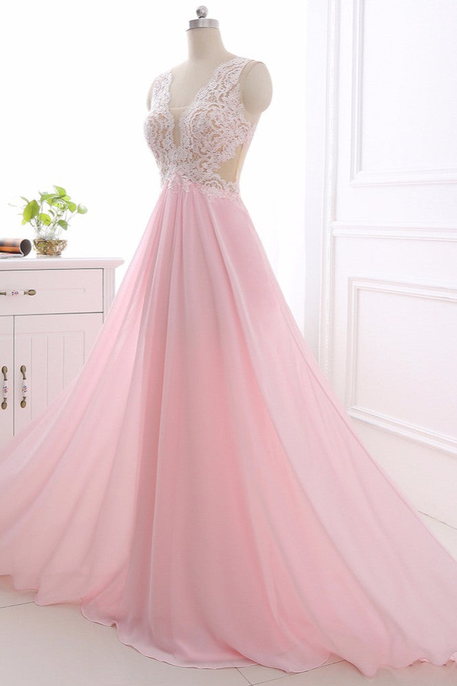 Elegant A-Line V-Neck Pink Chiffon Prom Dresses with Ruffles