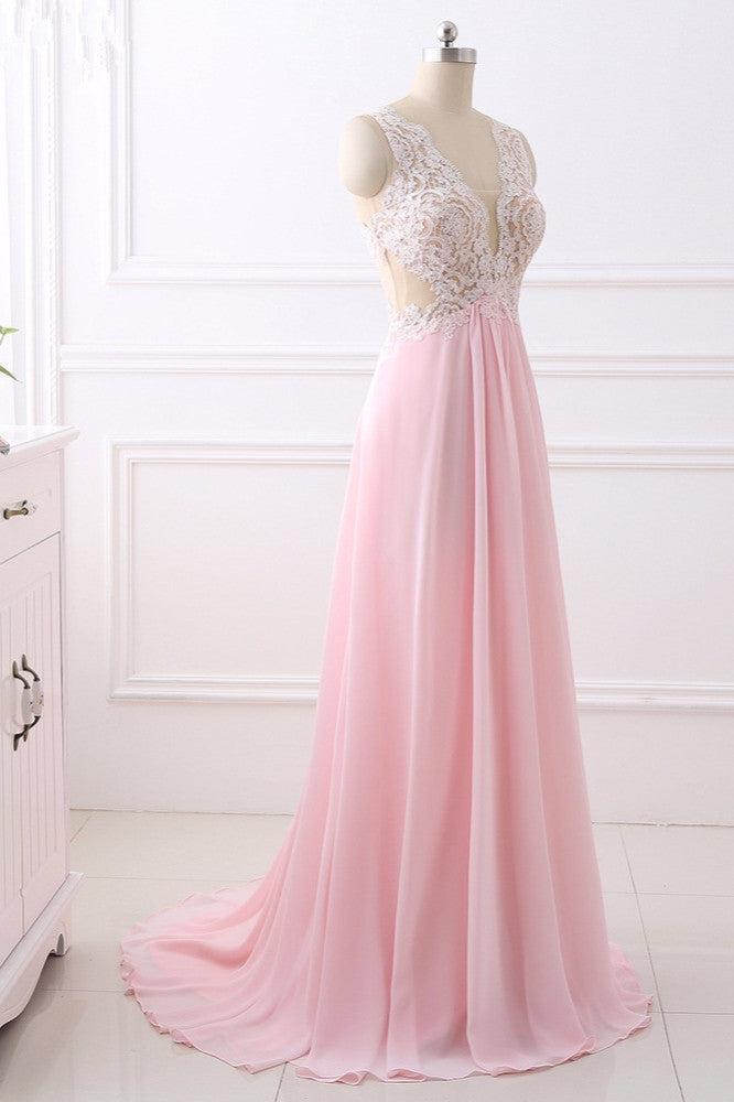 Elegant A-Line V-Neck Pink Chiffon Prom Dresses with Ruffles