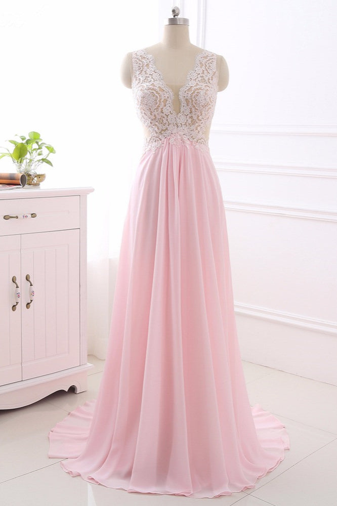 Elegant A-Line V-Neck Pink Chiffon Prom Dresses with Ruffles