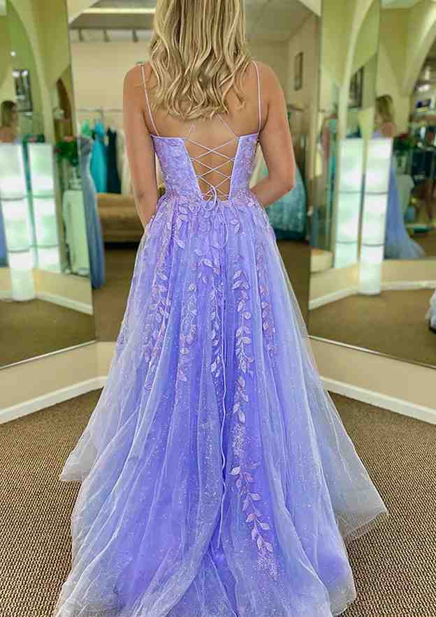 Elegant A-Line V-Neck Spaghetti Straps Prom Dress/Evening Dress with Sweep Train and Appliqued Glitter