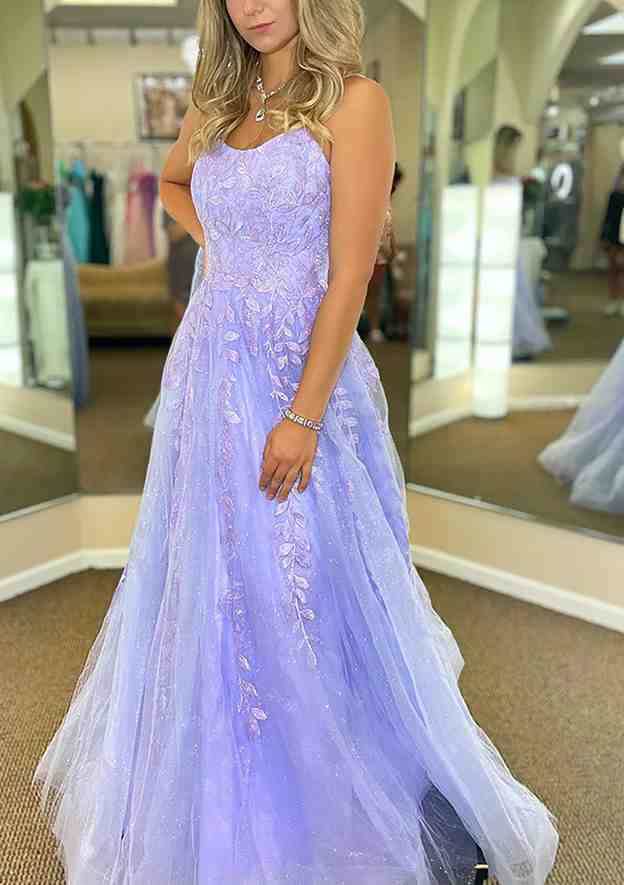 Elegant A-Line V-Neck Spaghetti Straps Prom Dress/Evening Dress with Sweep Train and Appliqued Glitter