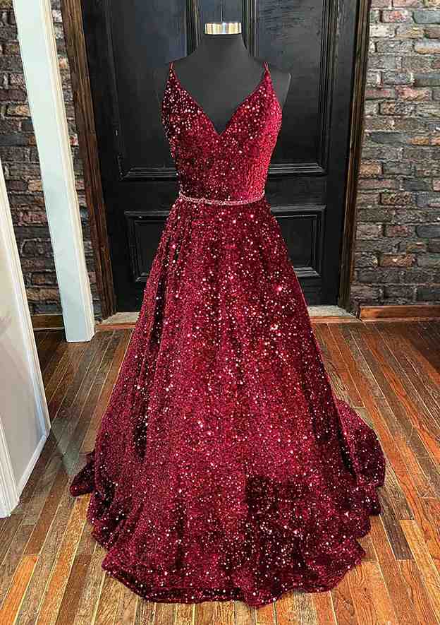 Elegant A-Line Velvet Sequins Prom Dress/Evening Dress with Beading and V-Neck Spaghetti Straps