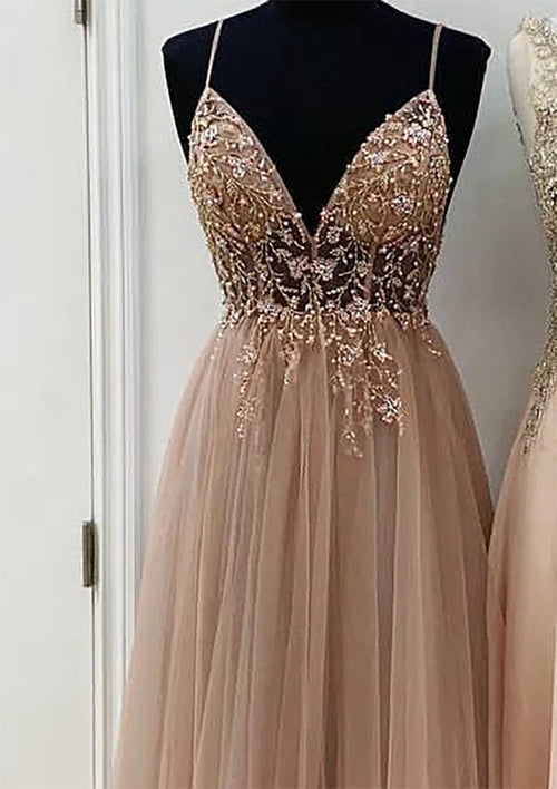 Elegant A-Line/Princess V-Neck Long/Floor-Length Tulle Prom Dress/Evening Dress With Beading Sequins