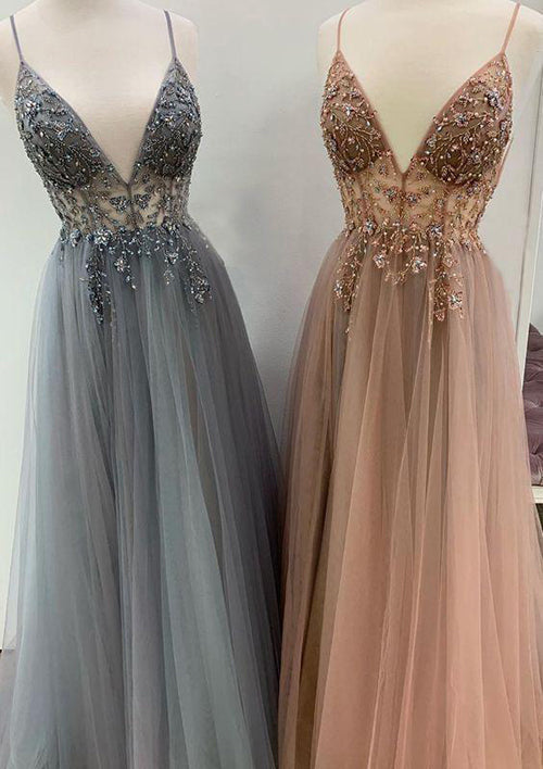 Elegant A-Line/Princess V-Neck Long/Floor-Length Tulle Prom Dress/Evening Dress With Beading Sequins