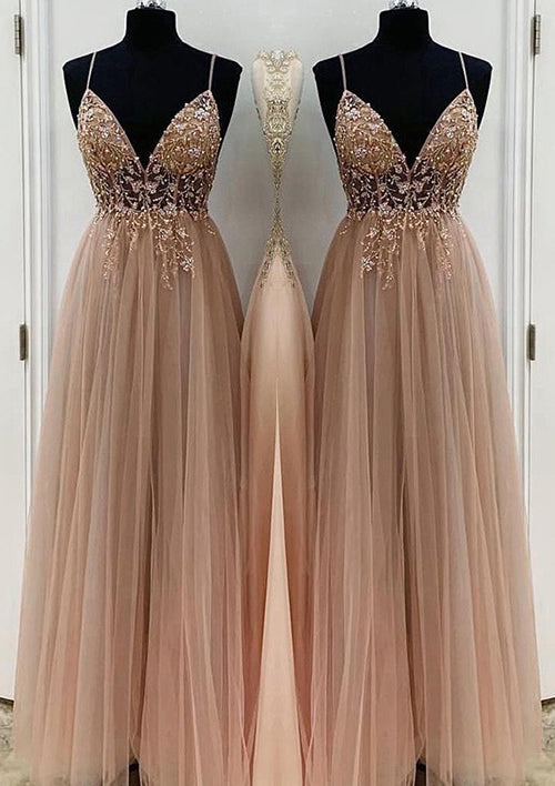 Elegant A-Line/Princess V-Neck Long/Floor-Length Tulle Prom Dress/Evening Dress With Beading Sequins