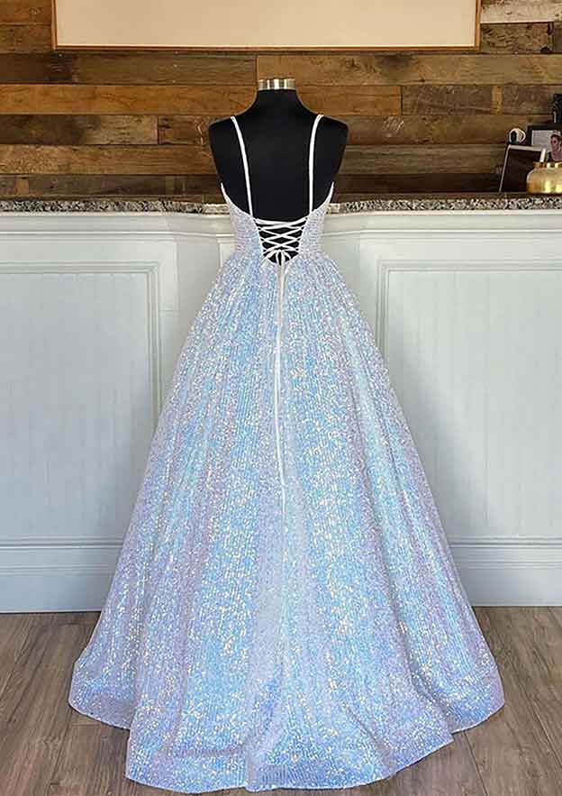 Elegant Ball Gown Sleeveless V-Neck Long/Floor-Length Sequined Sparkling Prom Dress/Evening Dress With Pleated