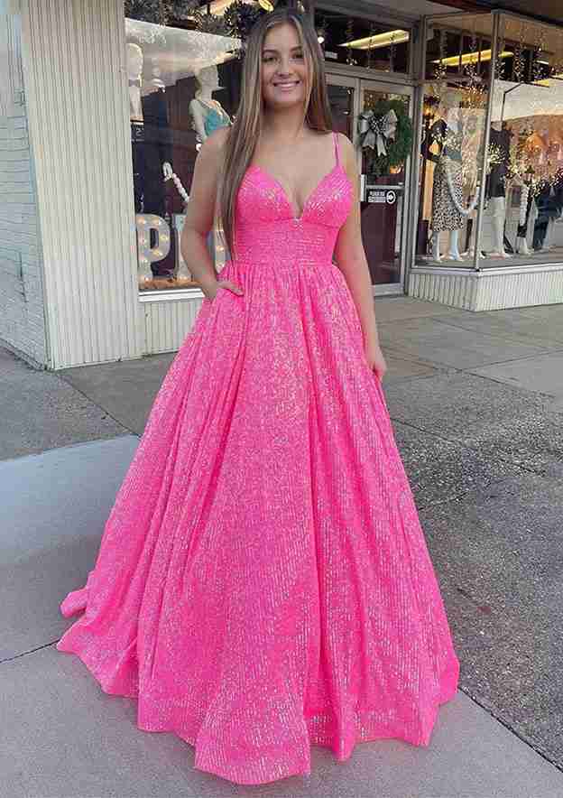 Elegant Ball Gown Sleeveless V-Neck Long/Floor-Length Sequined Sparkling Prom Dress/Evening Dress With Pleated