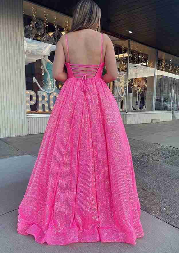 Elegant Ball Gown Sleeveless V-Neck Long/Floor-Length Sequined Sparkling Prom Dress/Evening Dress With Pleated