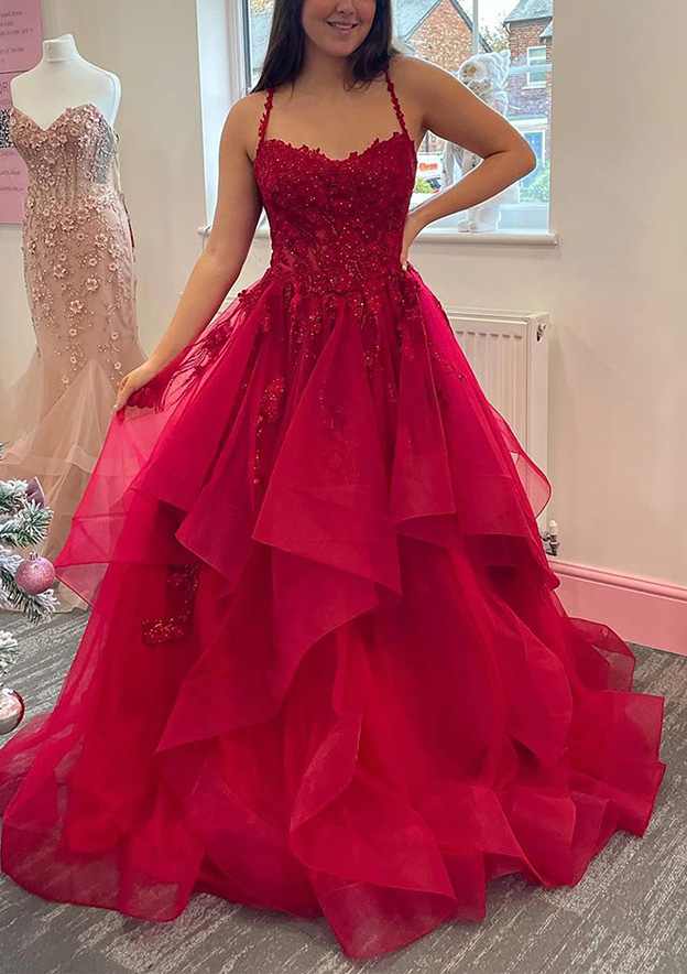 Elegant Ball Gown V-Neck Sleeveless Tulle Prom Dress/Evening Dress With Appliqued Beading