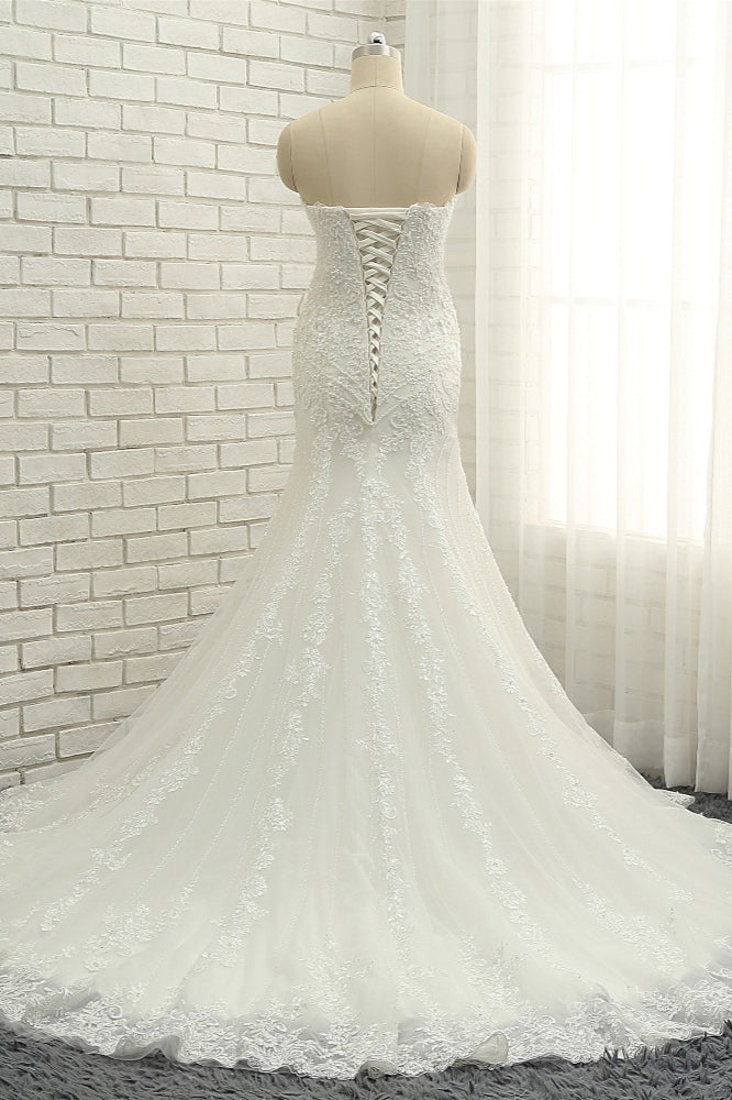 Elegant Bateau White Mermaid Wedding Dresses With Appliques Ruffles Lace Bridal Gowns On Sale