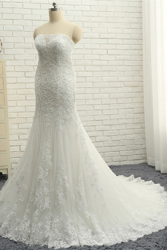 Elegant Bateau White Mermaid Wedding Dresses With Appliques Ruffles Lace Bridal Gowns On Sale