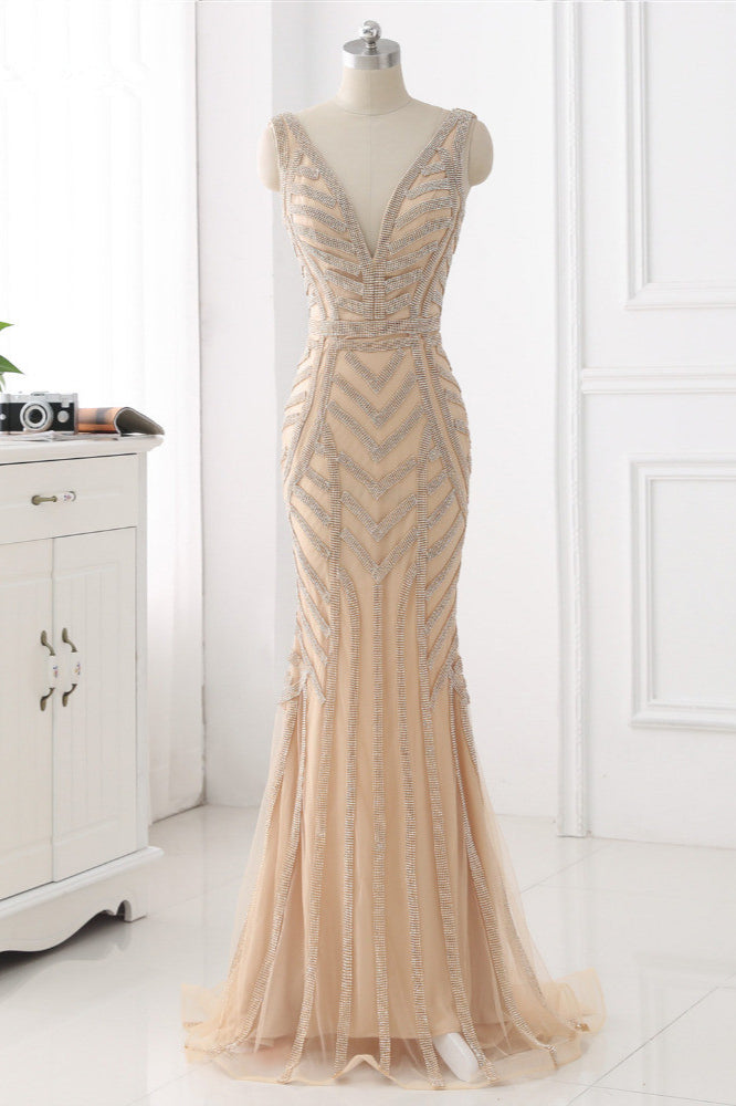 Elegant Gold Tulle V-Neck Sleeveless Prom Dresses with Beadings On Sale