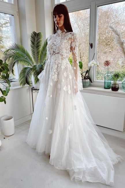 Elegant High Collar A-Line Lace Wedding Dress with Long Sleeves and Chapel Train