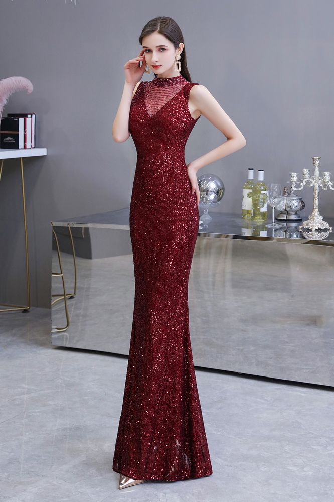 Elegant Illusion neck Burgundy Sleeveless Mermaid Prom Party Gowns