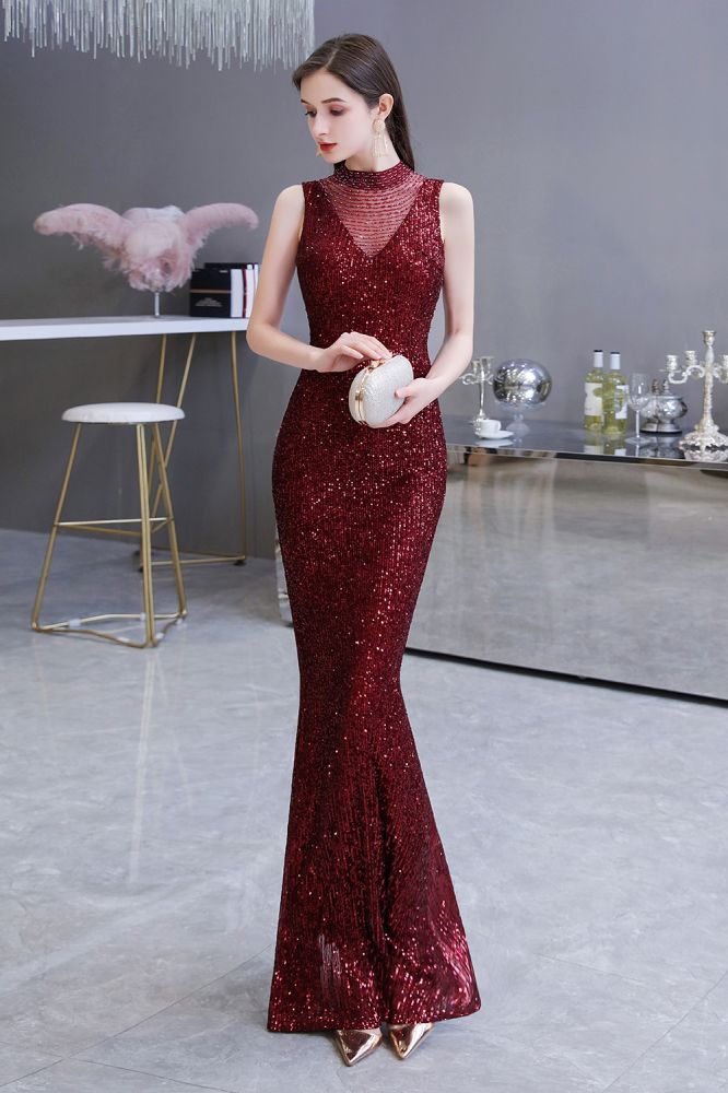 Elegant Illusion neck Burgundy Sleeveless Mermaid Prom Party Gowns