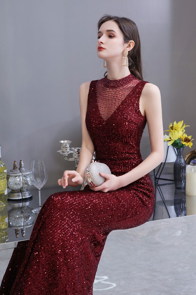 Elegant Illusion neck Burgundy Sleeveless Mermaid Prom Party Gowns