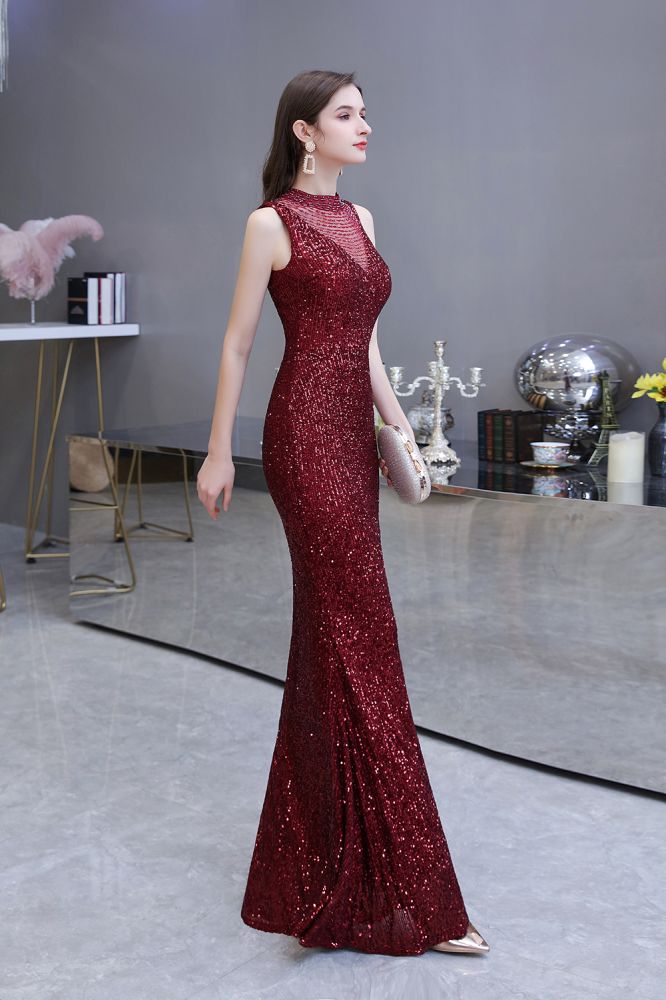 Elegant Illusion neck Burgundy Sleeveless Mermaid Prom Party Gowns