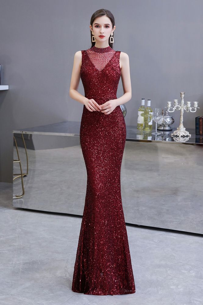 Elegant Illusion neck Burgundy Sleeveless Mermaid Prom Party Gowns