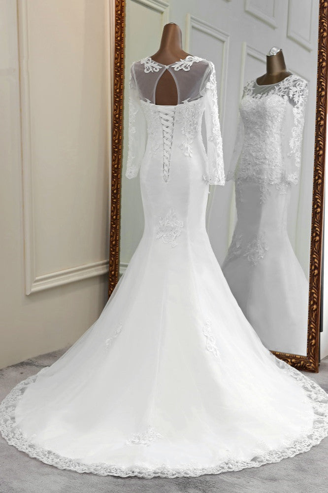 Elegant Jewel Lace Mermaid White Wedding Dresses Long Sleeves Appliques Bridal Gowns