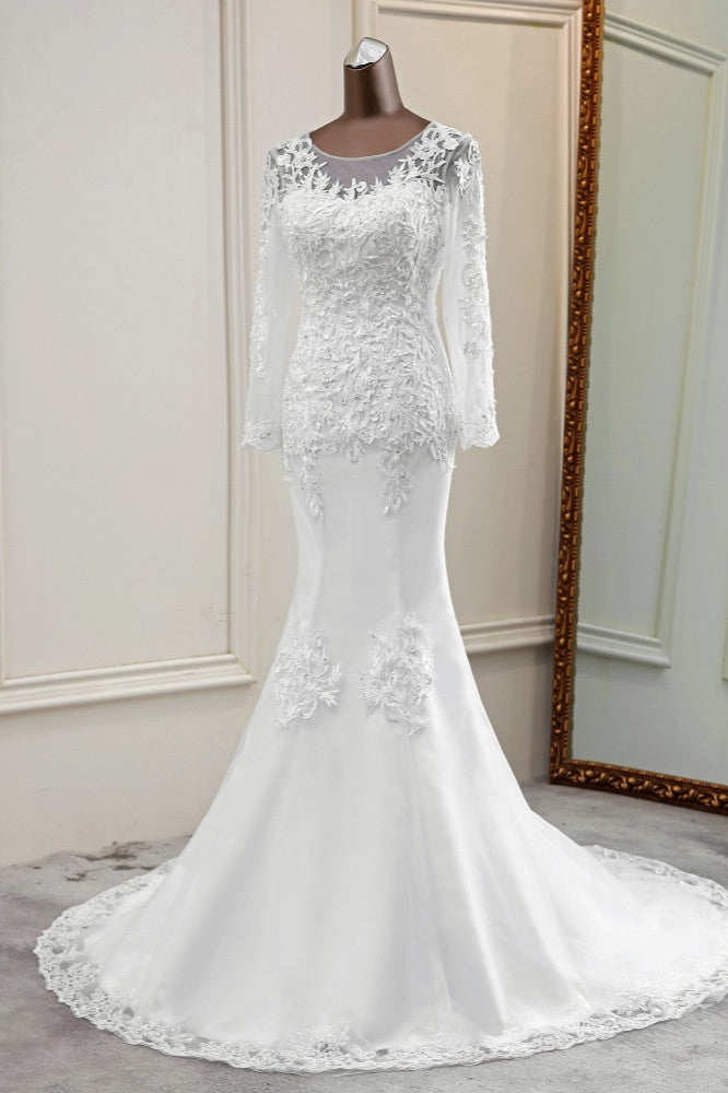 Elegant Jewel Lace Mermaid White Wedding Dresses Long Sleeves Appliques Bridal Gowns