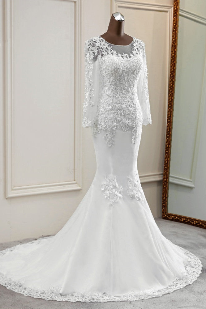 Elegant Jewel Lace Mermaid White Wedding Dresses Long Sleeves Appliques Bridal Gowns