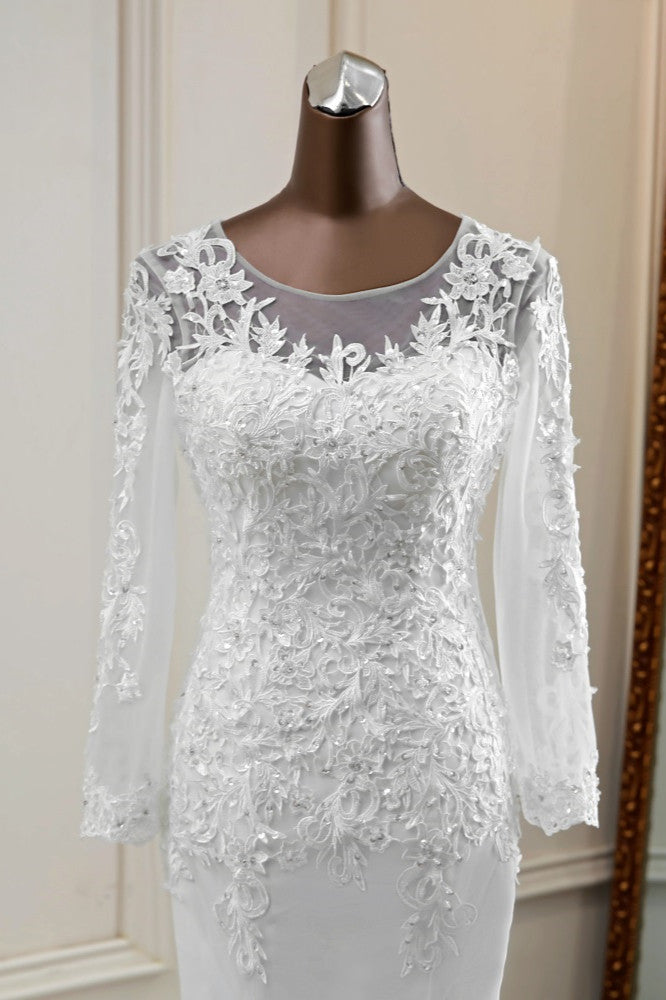 Elegant Jewel Lace Mermaid White Wedding Dresses Long Sleeves Appliques Bridal Gowns