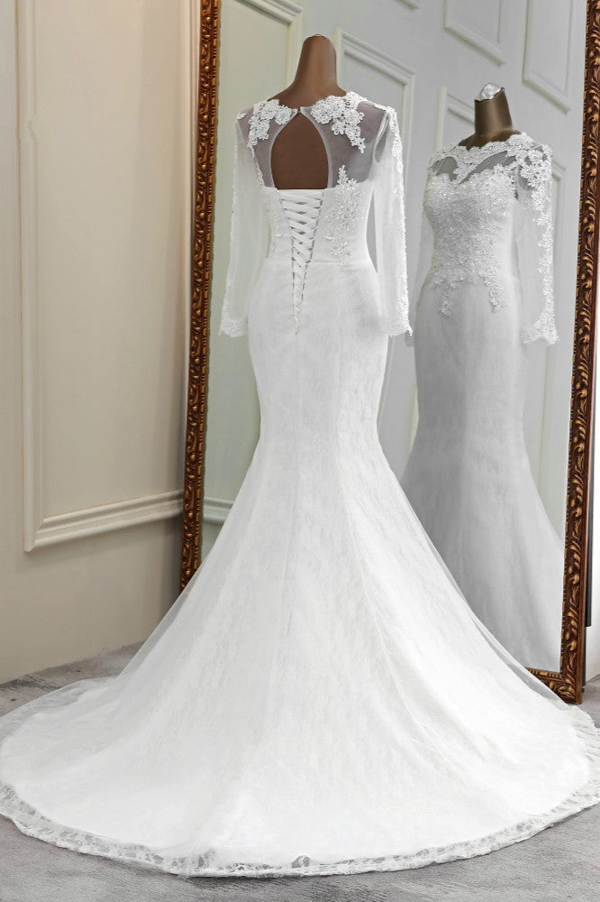 Elegant Jewel Long Sleeves White Mermaid Wedding Dresses with Rhinestone