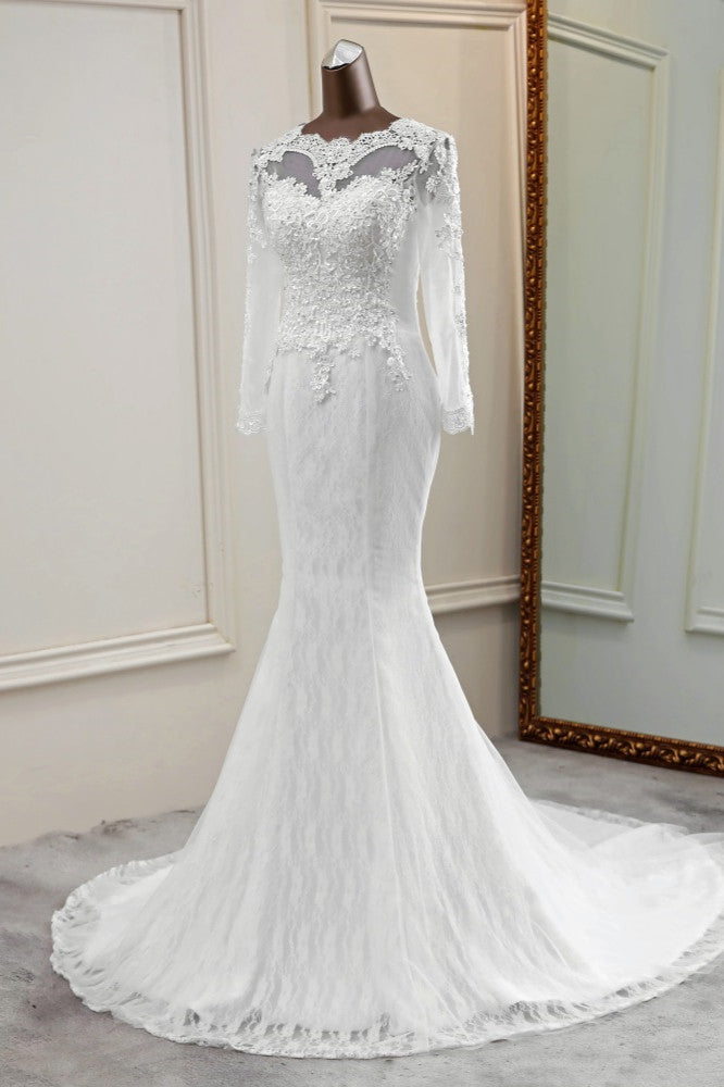 Elegant Jewel Long Sleeves White Mermaid Wedding Dresses with Rhinestone