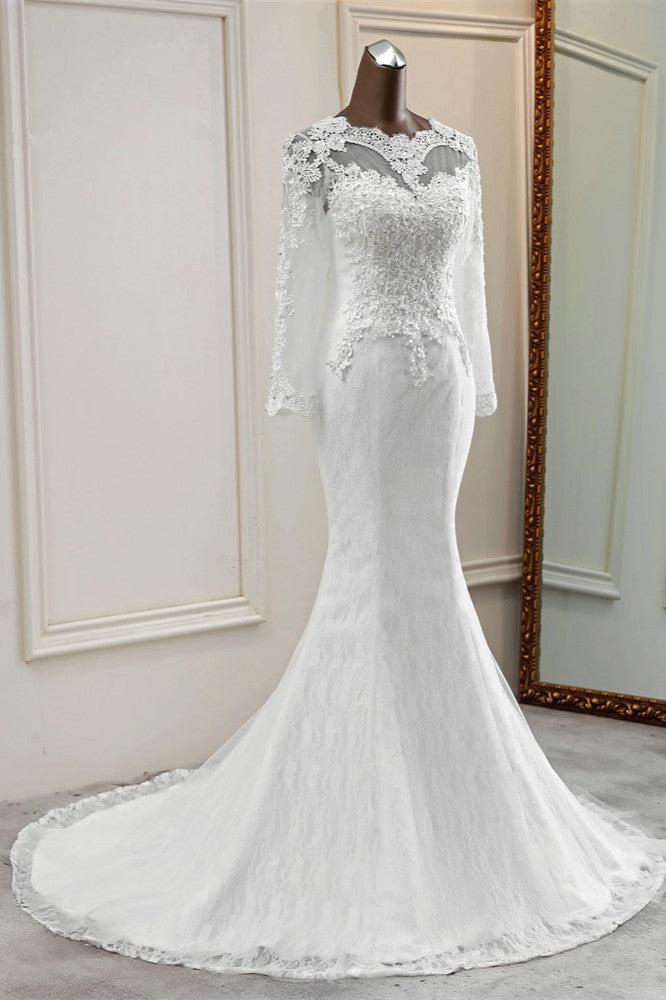 Elegant Jewel Long Sleeves White Mermaid Wedding Dresses with Rhinestone