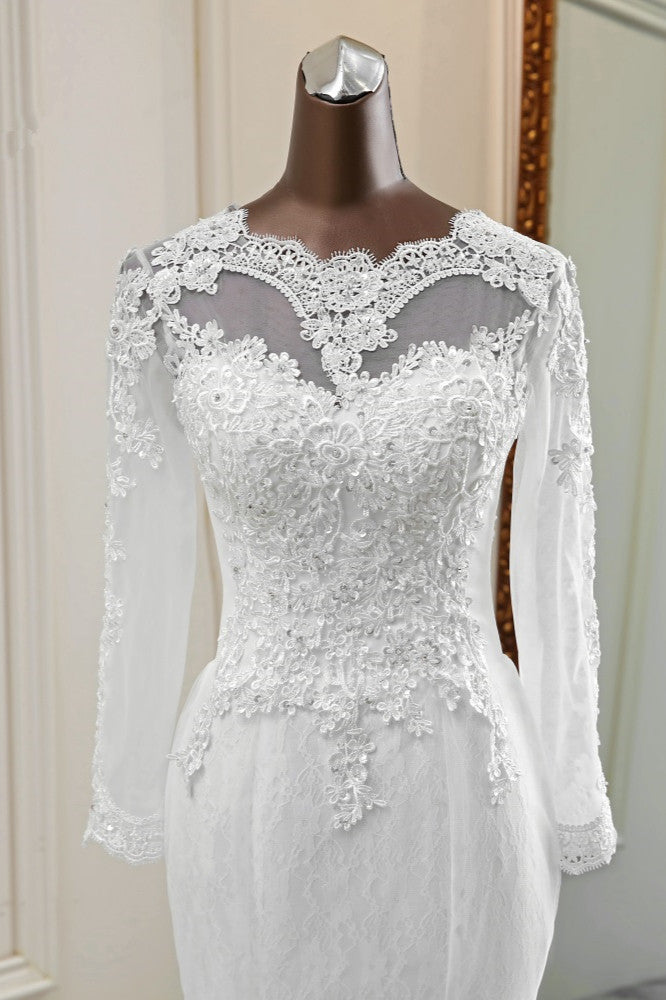 Elegant Jewel Long Sleeves White Mermaid Wedding Dresses with Rhinestone