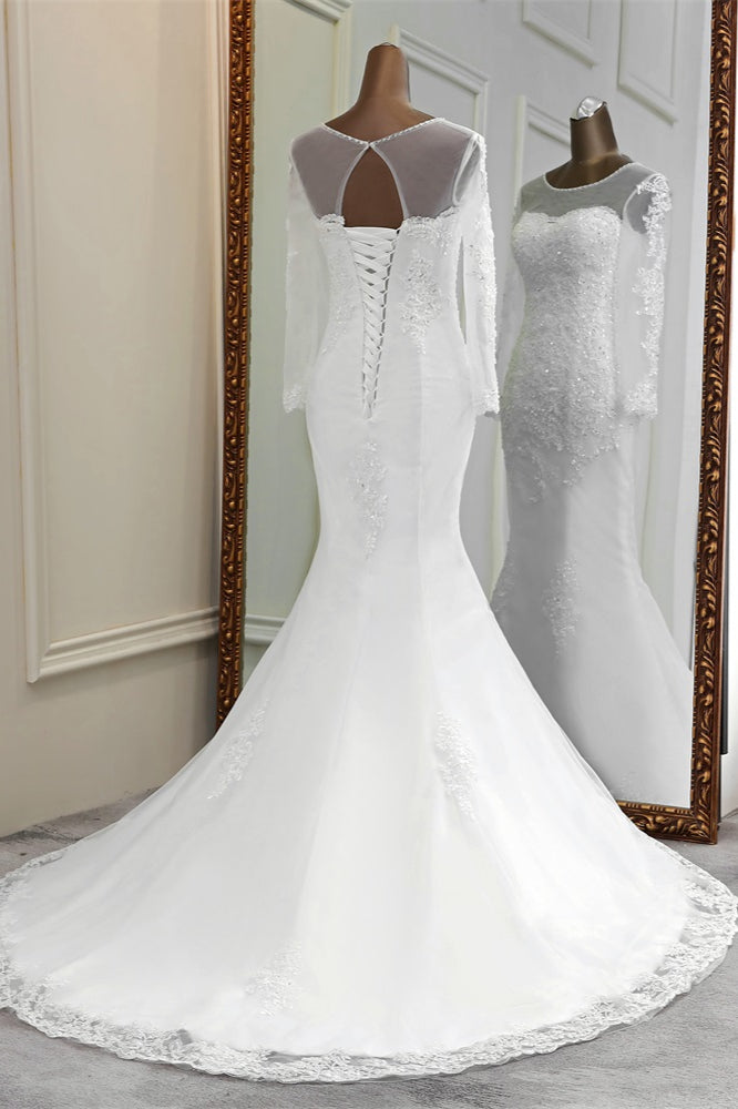 Elegant Jewel Long Sleeves White Mermaid Wedding Dresses with Rhinestone Applqiues