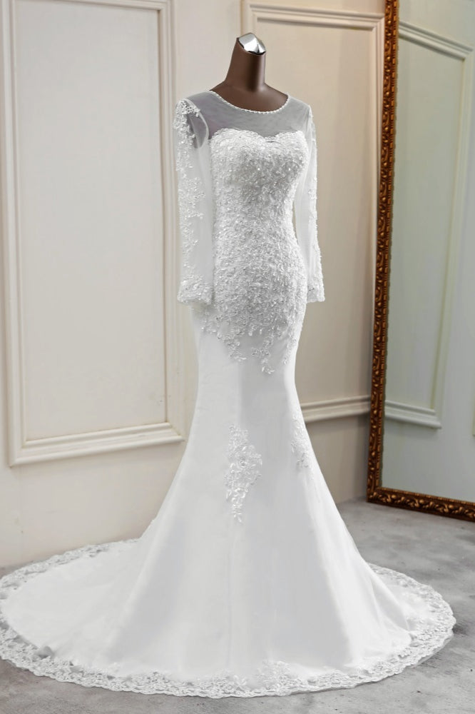 Elegant Jewel Long Sleeves White Mermaid Wedding Dresses with Rhinestone Applqiues