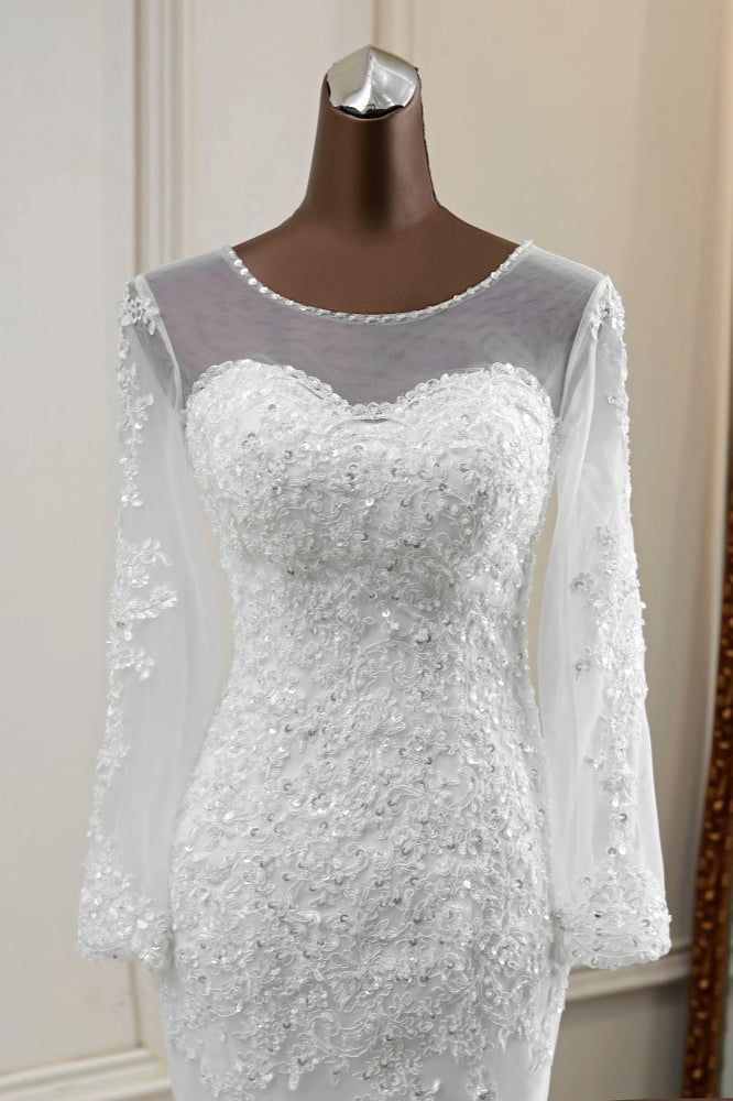 Elegant Jewel Long Sleeves White Mermaid Wedding Dresses with Rhinestone Applqiues