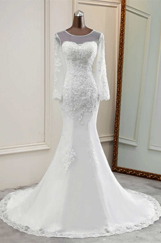 Elegant Jewel Long Sleeves White Mermaid Wedding Dresses with Rhinestone Applqiues