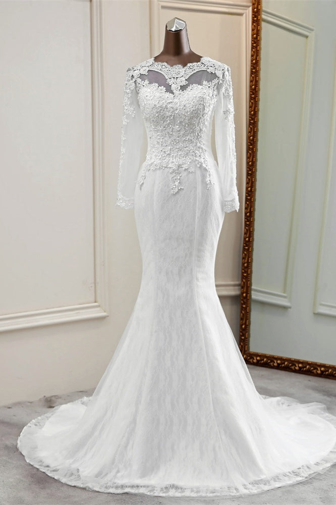 Elegant Jewel Long Sleeves White Mermaid Wedding Dresses with Rhinestone